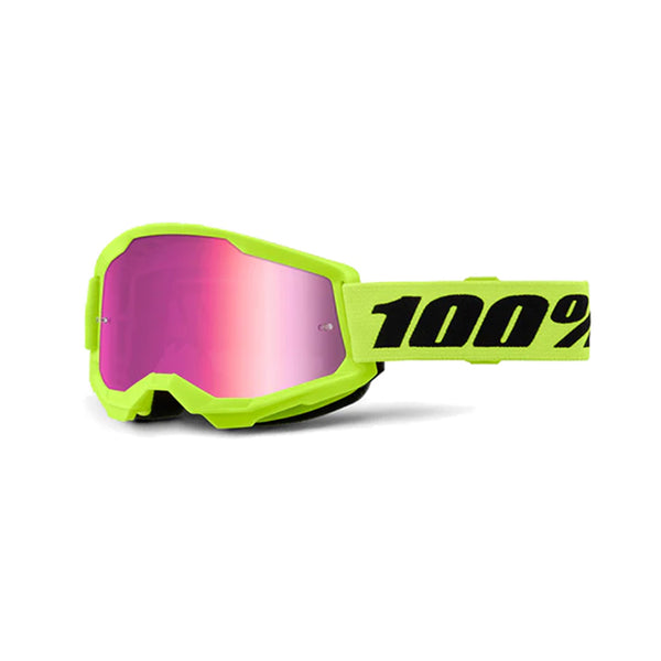 100% Maschera da cross Strata 2 Neon Yellow lente a specchio Rosa