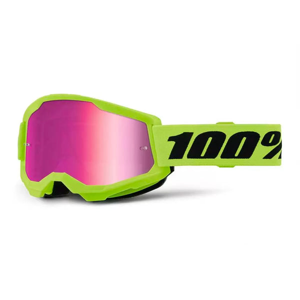 100% Maschera da cross Strata 2 Neon Yellow Lente Specchio Rosa