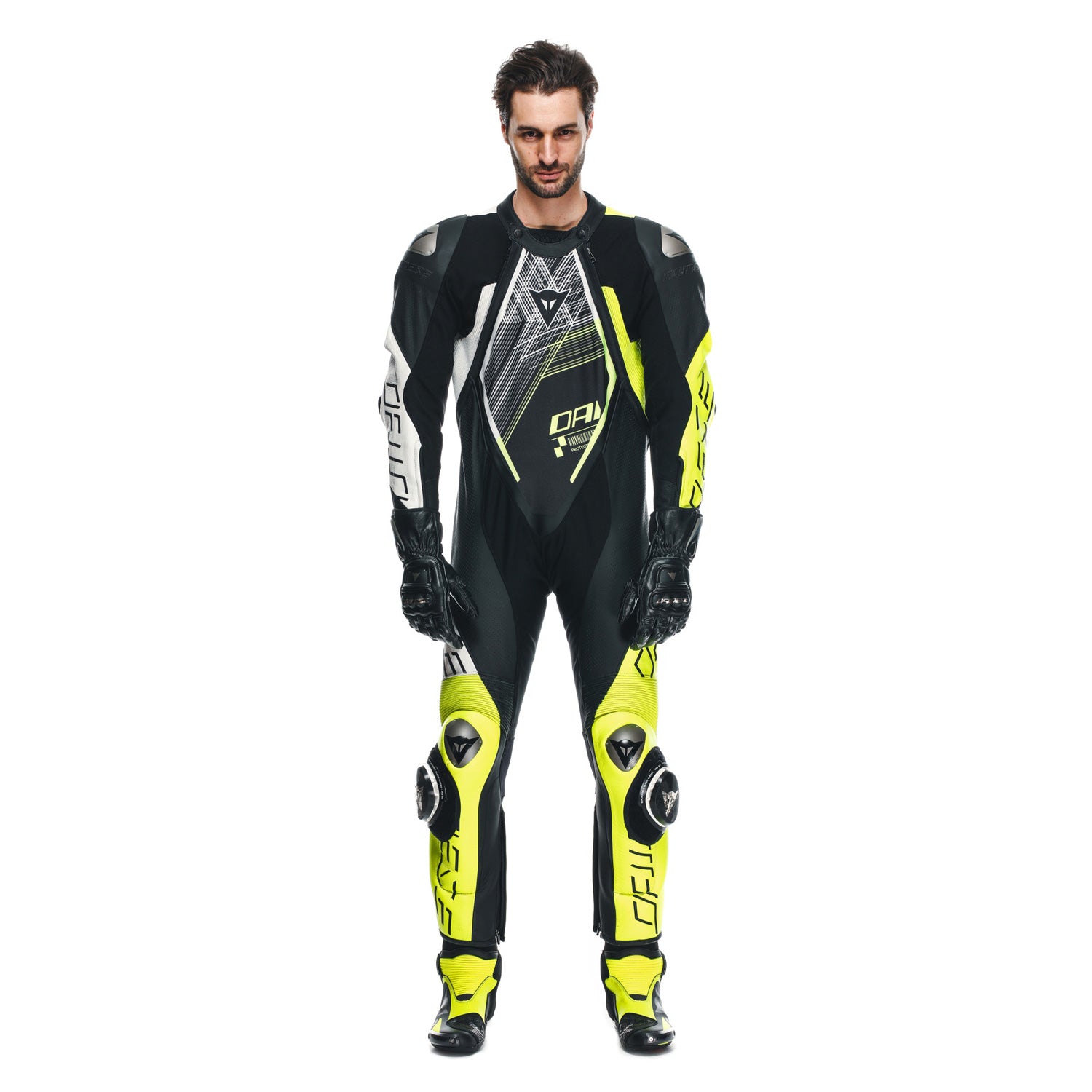 Dainese Audax D-Zip 1PC Perforated Leather Suit Black/Yellow Fluo